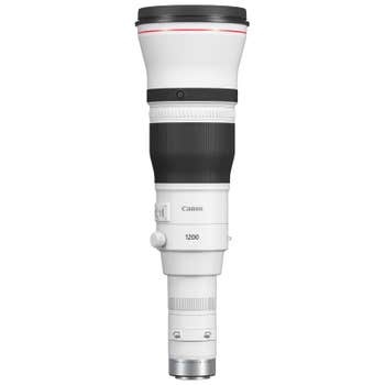 Front view of Canon RF 1200mm f/8L IS USM super-telephoto lens showing controls and 1200 marking