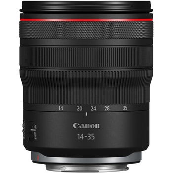 Canon RF 14-35mm f/4L IS USM Lens front view showing zoom markings and RF mount