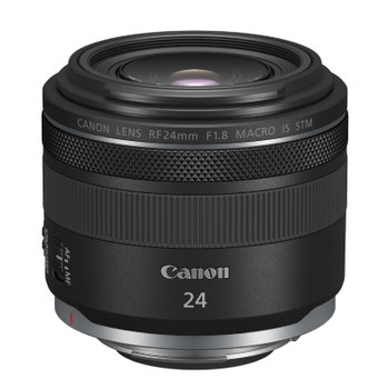 Canon RF 24mm f/1.8 Macro IS STM lens front view showing glass and 24mm marking