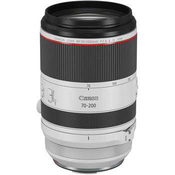 Canon RF 70-200mm f/2.8L IS USM telephoto zoom lens standing upright, front and side controls visible