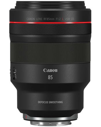 Canon RF 85mm f/1.2L USM DS Defocus Smoothing lens front view with red ring and RF mount