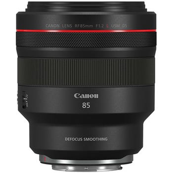 Canon RF 85mm f/1.2L USM DS Defocus Smoothing lens front view with red ring and RF mount