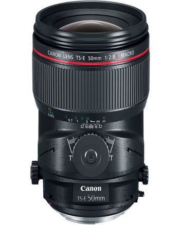 Canon TS-E 50mm f/2.8L Macro tilt-shift lens front view showing focus and tilt controls