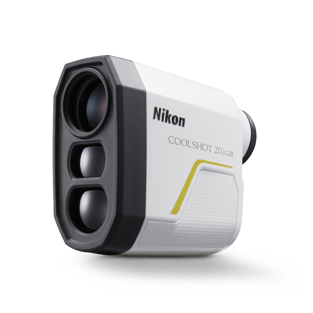 Nikon COOLSHOT 20i GIII compact white laser golf rangefinder, front three-quarter view