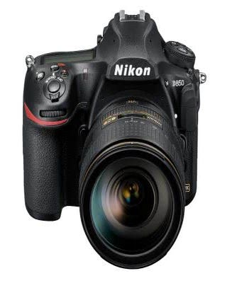 Nikon D850 DSLR with AF-S 24-120mm f/4G ED VR lens, front view of camera kit