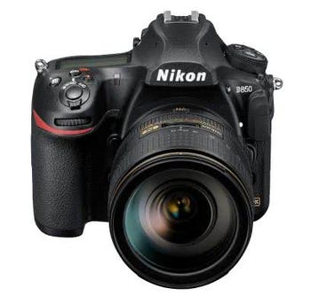 Nikon D850 DSLR with AF-S 24-120mm f/4G ED VR lens, front view of camera kit