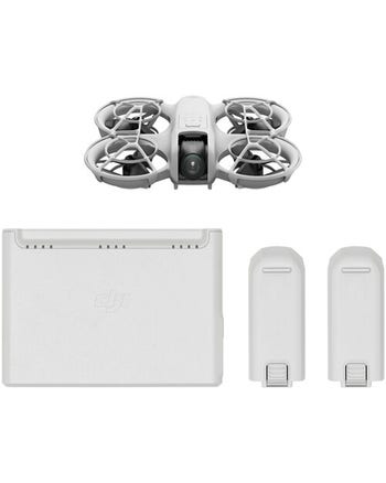DJI Neo Fly More Combo with drone, two extra batteries and charging hub laid out on white