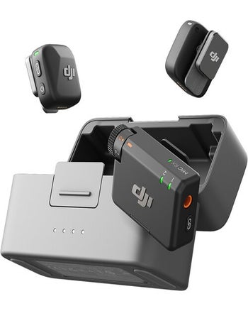 DJI Mic Mini 2 kit with two wireless transmitters, receiver and grey charging case shown open