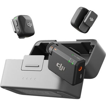 DJI Mic Mini 2 kit with two wireless transmitters, receiver and grey charging case shown open