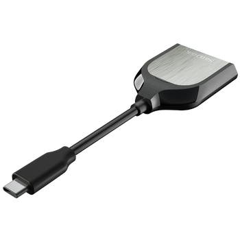 SanDisk Extreme PRO SD UHS-II USB Type-C card reader with short cable, angled left view