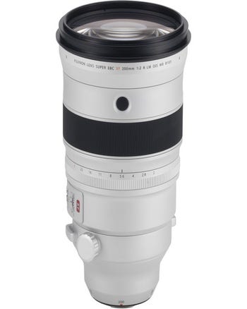 Fujifilm XF 200mm f/2 R LM OIS WR telephoto lens, front angled view in matte silver finish
