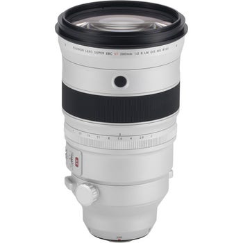 Fujifilm XF 200mm f/2 R LM OIS WR telephoto lens, front angled view in matte silver finish