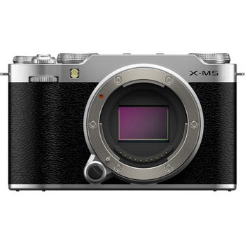 Front view of Fujifilm X-M5 mirrorless camera body in silver and black, showing APS-C sensor and lens mount.