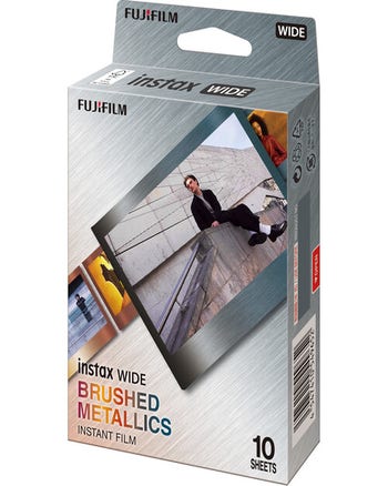 Box of Fujifilm Instax Wide Brushed Metallics instant film, 10 sheets, with sample photo on metallic frame.