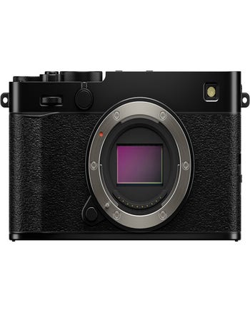 Front view of Fujifilm X-E5 black mirrorless camera body showing lens mount and sensor