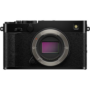 Front view of Fujifilm X-E5 black mirrorless camera body showing lens mount and sensor