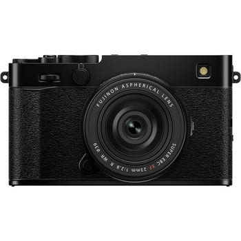 Front view of black Fujifilm X-E5 mirrorless camera with XF 23mm f/2.8 lens attached