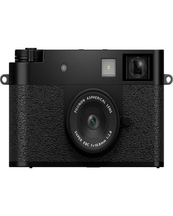 Front view of black Fujifilm X Half mirrorless camera with fixed 10.8mm f2.8 lens