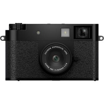 Front view of black Fujifilm X Half mirrorless camera with fixed 10.8mm f2.8 lens
