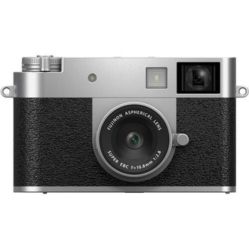 Front view of silver Fujifilm X Half mirrorless camera with fixed 10.8mm f2.8 lens