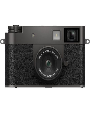 Front view of Fujifilm X Half mirrorless camera body in charcoal silver with 10.8mm f/2.8 lens
