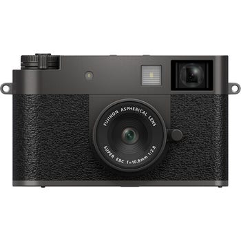 Front view of Fujifilm X Half mirrorless camera body in charcoal silver with 10.8mm f/2.8 lens