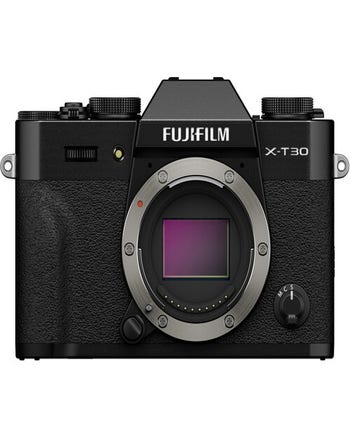 Front view of Fujifilm X-T30 III black mirrorless camera body showing X-mount and sensor.