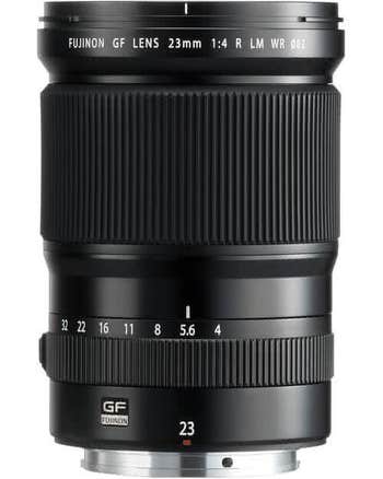 Fujifilm GF 23mm f/4 R LM WR wide-angle lens with aperture and focus rings, front view