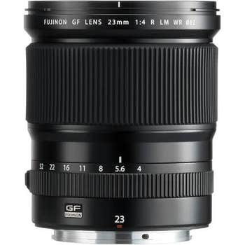 Fujifilm GF 23mm f/4 R LM WR wide-angle lens with aperture and focus rings, front view