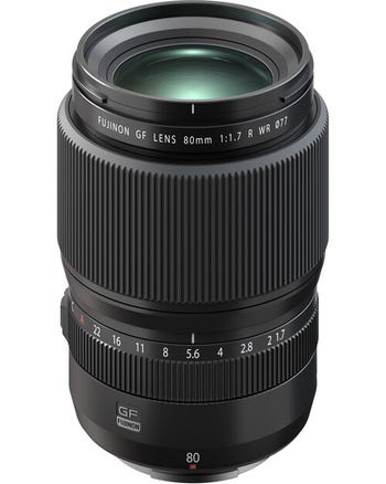 Fujifilm GF 80mm f/1.7 R WR autofocus prime lens standing upright on white background