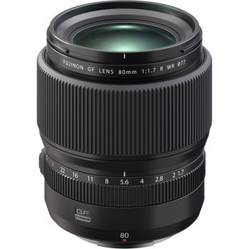 Fujifilm GF 80mm f/1.7 R WR autofocus prime lens standing upright on white background