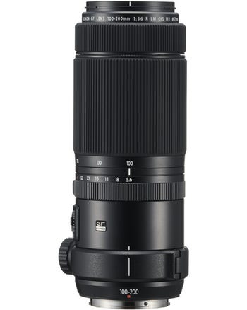 Front view of Fujifilm GF 100-200mm f/5.6R LM OIS WR medium format telephoto zoom lens