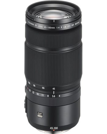 Fujifilm GF 45-100mm f/4 R LM OIS WR medium format zoom lens, front view on white