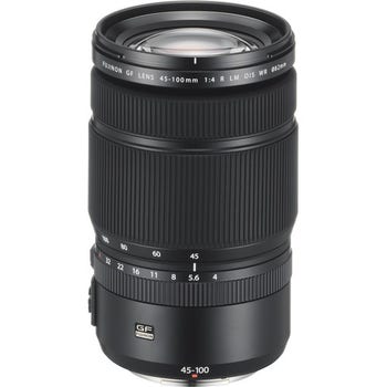 Fujifilm GF 45-100mm f/4 R LM OIS WR medium format zoom lens, front view on white