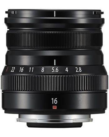 Fujifilm XF 16mm f/2.8 R WR black lens front view showing aperture and focus rings