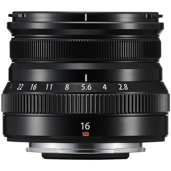 Fujifilm XF 16mm f/2.8 R WR black lens front view showing aperture and focus rings