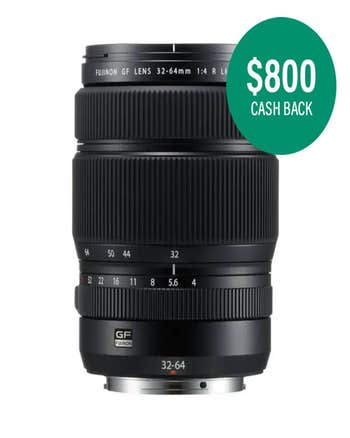 Front angled view of Fujifilm GF 32-64mm f/4 R LM WR standard zoom lens