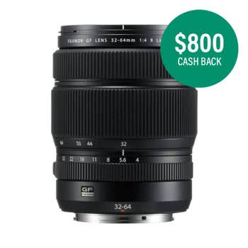 Front angled view of Fujifilm GF 32-64mm f/4 R LM WR standard zoom lens