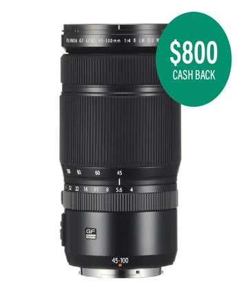 Fujifilm GF 45-100mm f/4 R LM OIS WR medium format zoom lens, front view on white