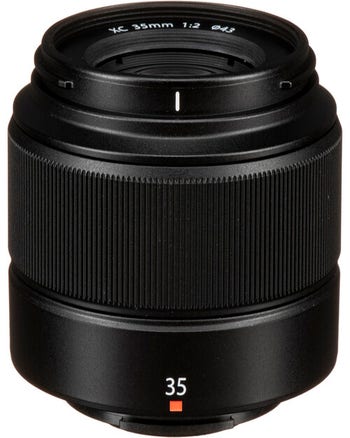 Front view of Fujifilm XC 35mm f/2 prime lens showing compact black barrel and 35mm marking.