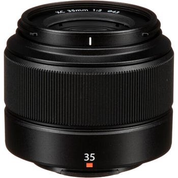 Front view of Fujifilm XC 35mm f/2 prime lens showing compact black barrel and 35mm marking.