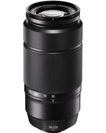 Fujifilm XC 50-230mm f/4.5-6.7 OIS II telephoto zoom lens, front angled view