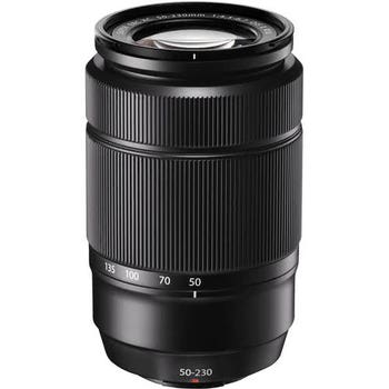 Fujifilm XC 50-230mm f/4.5-6.7 OIS II telephoto zoom lens, front angled view