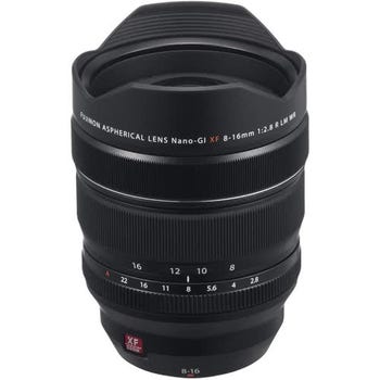 Fujifilm XF 8-16mm f/2.8 R LM WR ultra-wide zoom lens with built-in hood, front angled view