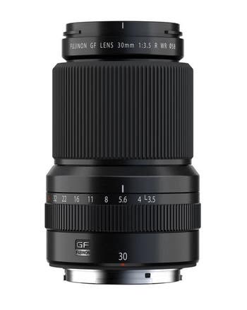 Front view of Fujifilm GF 30mm f/3.5 WR G-mount lens showing focus and aperture rings