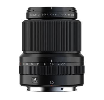 Front view of Fujifilm GF 30mm f/3.5 WR G-mount lens showing focus and aperture rings