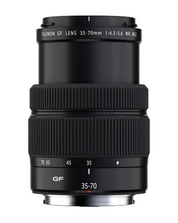 Fujifilm GF 35-70mm f/4.5-5.6 WR medium format zoom lens, front view extended