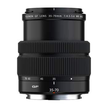 Fujifilm GF 35-70mm f/4.5-5.6 WR medium format zoom lens, front view extended
