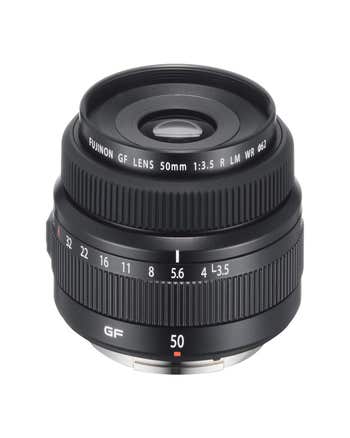 Fujifilm GF 50mm f/3.5 LM WR G Mount lens, high-angle view showing focus and aperture rings