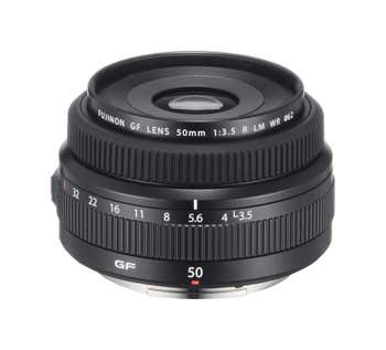 Fujifilm GF 50mm f/3.5 LM WR G Mount lens, high-angle view showing focus and aperture rings